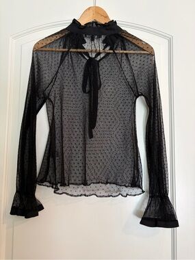 Story On Women’s Black Sheer Tie-Neck Ruffle Whimsigoth Blouse S